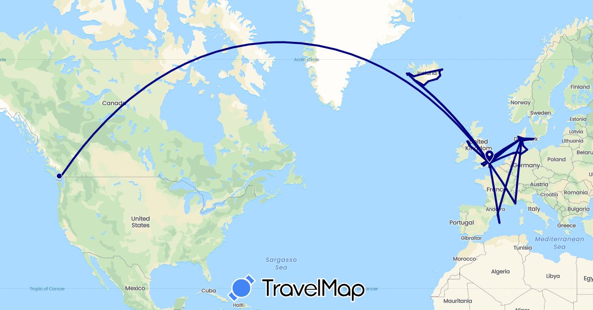 TravelMap itinerary: driving in Canada, Germany, Denmark, Spain, France, United Kingdom, Iceland, Netherlands (Europe, North America)